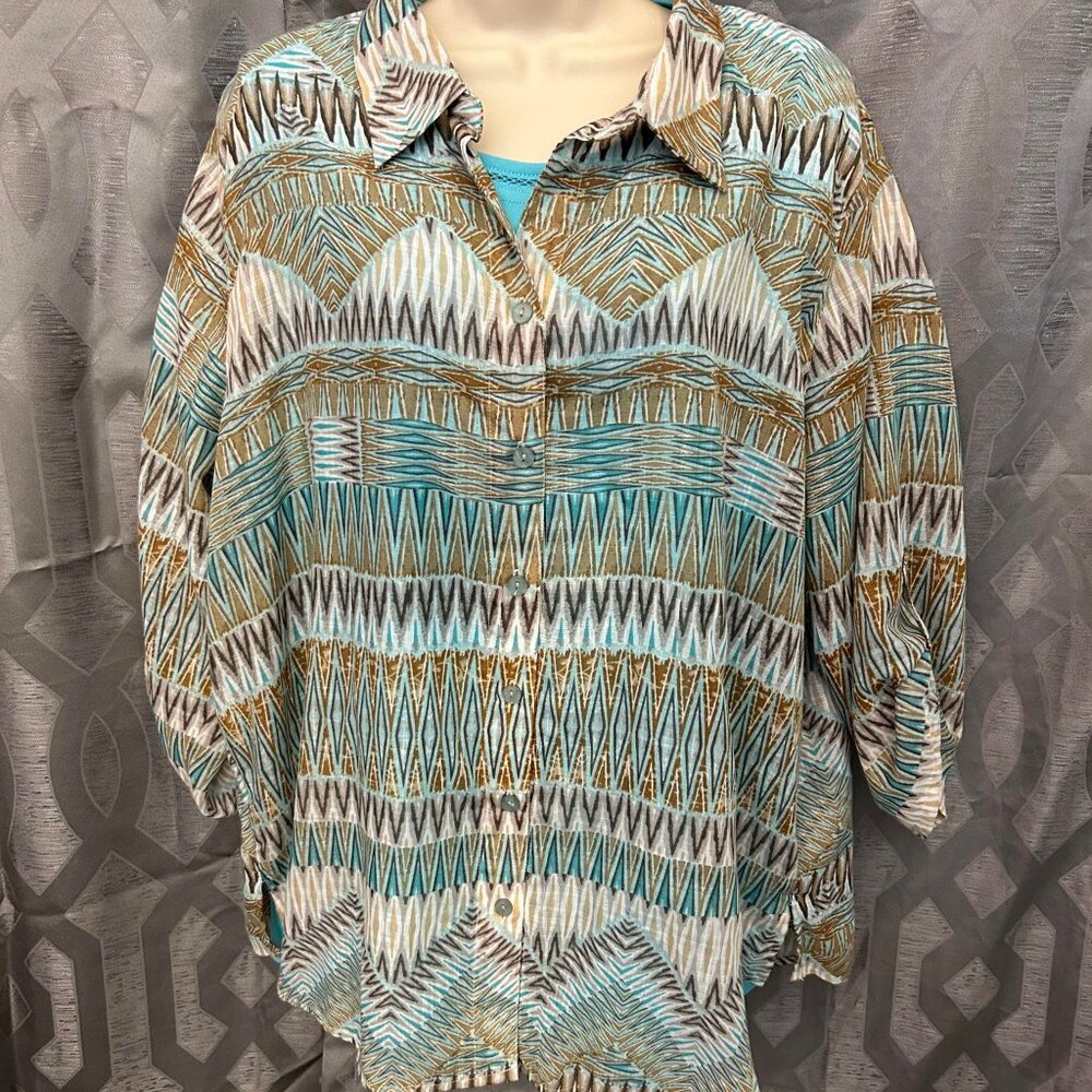 Women's Turquoise & Brown Button-Up Quarter-Length Sleeved Top